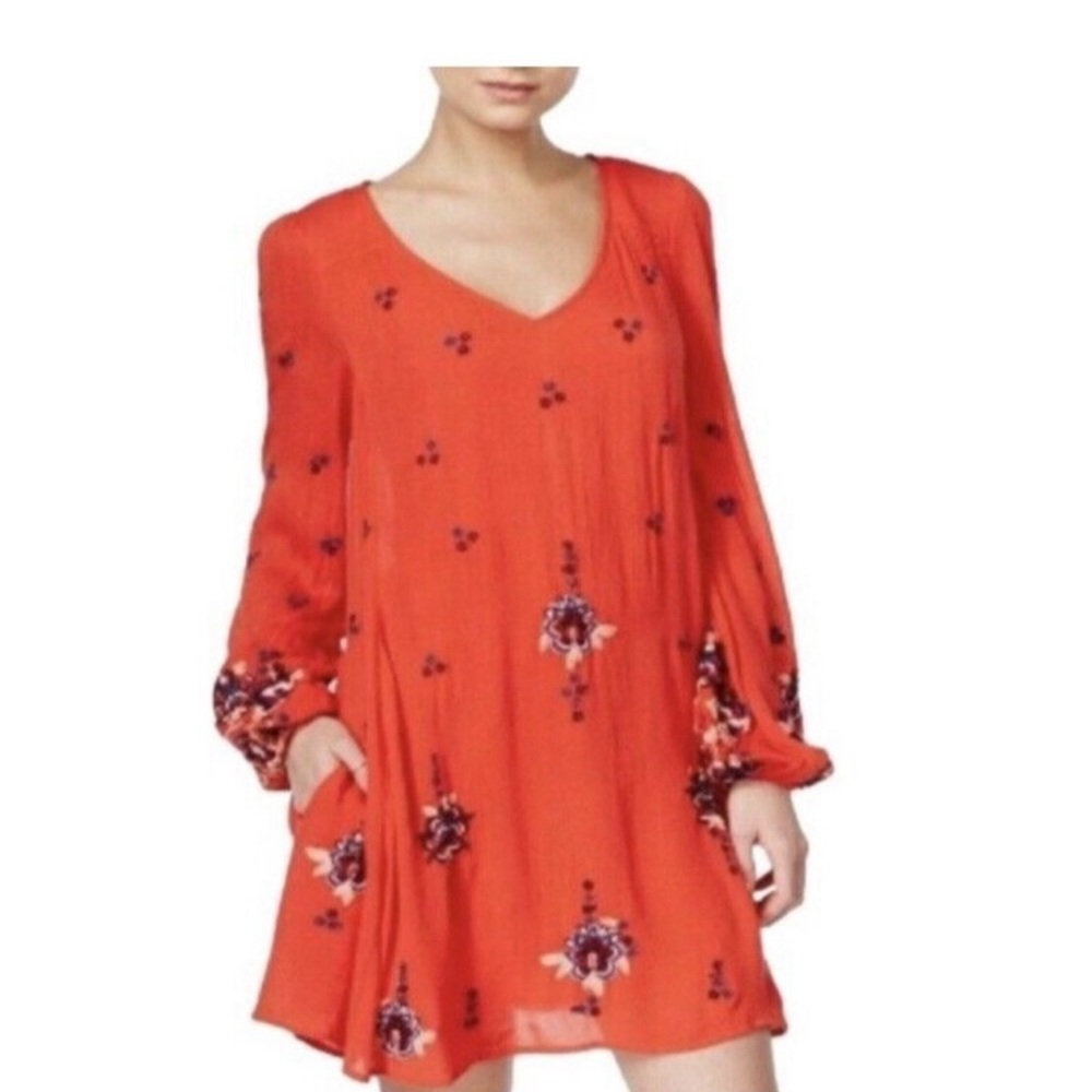 Free people orange long sleeve embroidered dress